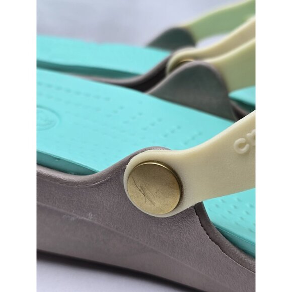 Crocs Sanrah Sandals Women's Sz 8 Teal/Cream Slip On Thong Comfort Wedge Circle - Picture 3 of 12